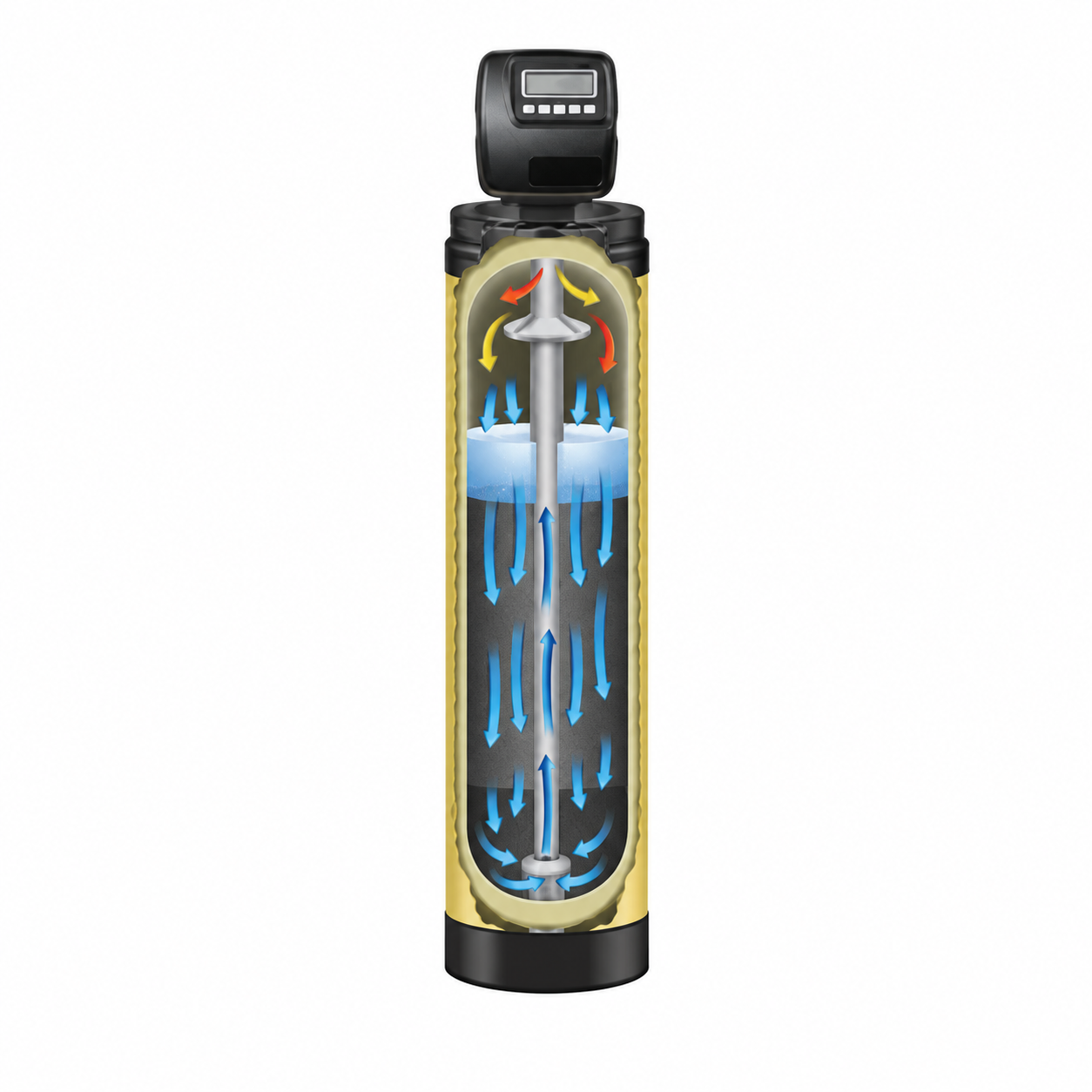 Cutaway view of an iron and hydrogen sulfide filter tank