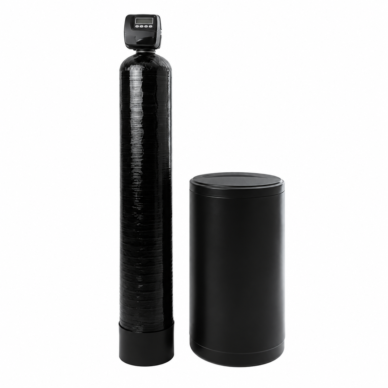 Black water softener tank with digital control valve and matching brine tank