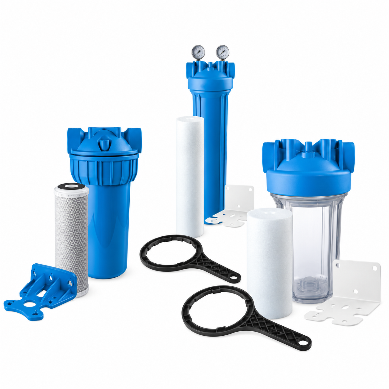 Blue whole-house filter housings with cartridges and installation accessories